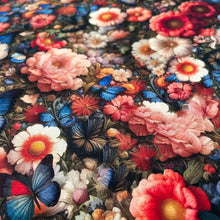 Lade das Bild in den Galerie-Viewer, Stoff Meterware Baumwollstoff Patchwork 50 cm Blumen Schmetterlinge Blumenfeld