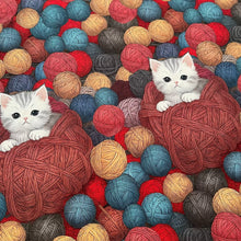 Lade das Bild in den Galerie-Viewer, Baumwollstoff I Spielende Katze mit diversen Wollknäueln