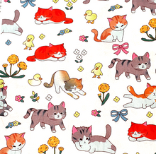 Lade das Bild in den Galerie-Viewer, Baumwollstoff | Süße Katzen und Enten Blumen Blätter Löwenzahn auf Weiß