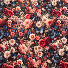 Lade das Bild in den Galerie-Viewer, Stoff Meterware Baumwollstoff Patchwork 50 cm Blumen Schmetterlinge Blumenfeld
