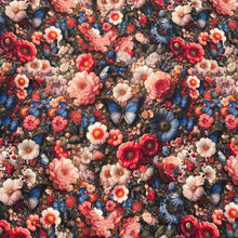 Lade das Bild in den Galerie-Viewer, Stoff Meterware Baumwollstoff Patchwork 50 cm Blumen Schmetterlinge Blumenfeld
