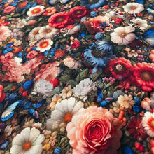Lade das Bild in den Galerie-Viewer, Stoff Meterware Baumwollstoff Patchwork 50 cm Blumen Schmetterlinge Blumenfeld
