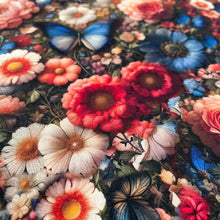 Lade das Bild in den Galerie-Viewer, Stoff Meterware Baumwollstoff Patchwork 50 cm Blumen Schmetterlinge Blumenfeld
