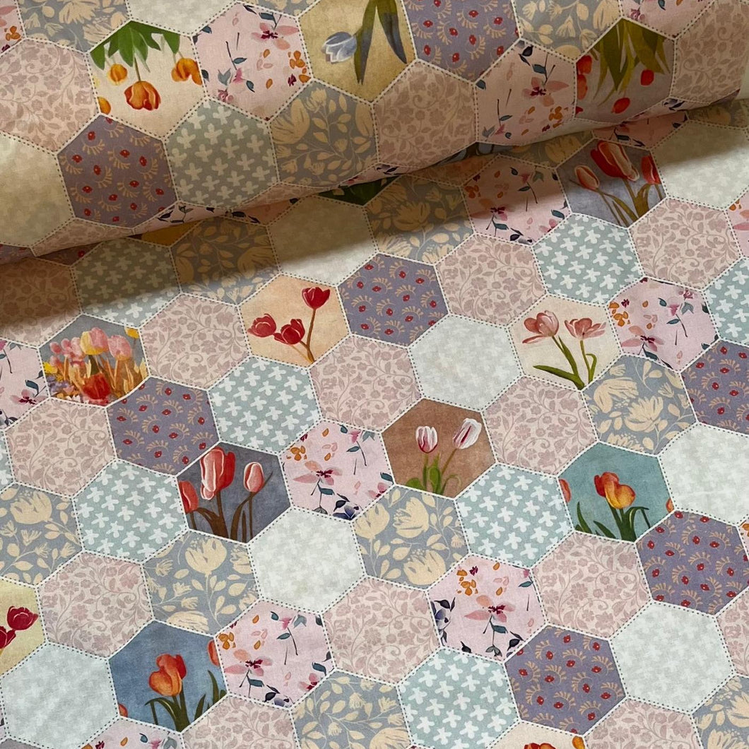 Baumwollstoff I Patchwork Hexagon Blumenstoff Bunte Blumen Tulpen