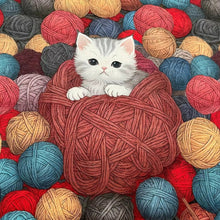 Lade das Bild in den Galerie-Viewer, Baumwollstoff I Spielende Katze mit diversen Wollknäueln
