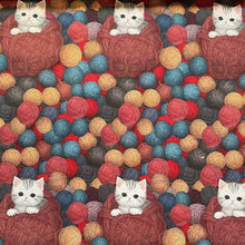 Lade das Bild in den Galerie-Viewer, Baumwollstoff I Spielende Katze mit diversen Wollknäueln
