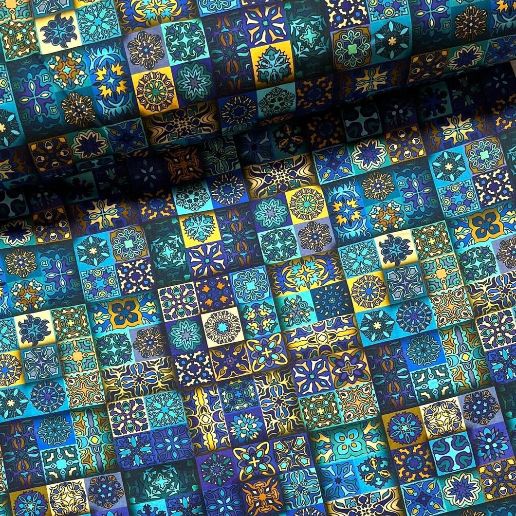 Baumwolle I Patchworkstoff Mandala Ornamente Yantra Blau