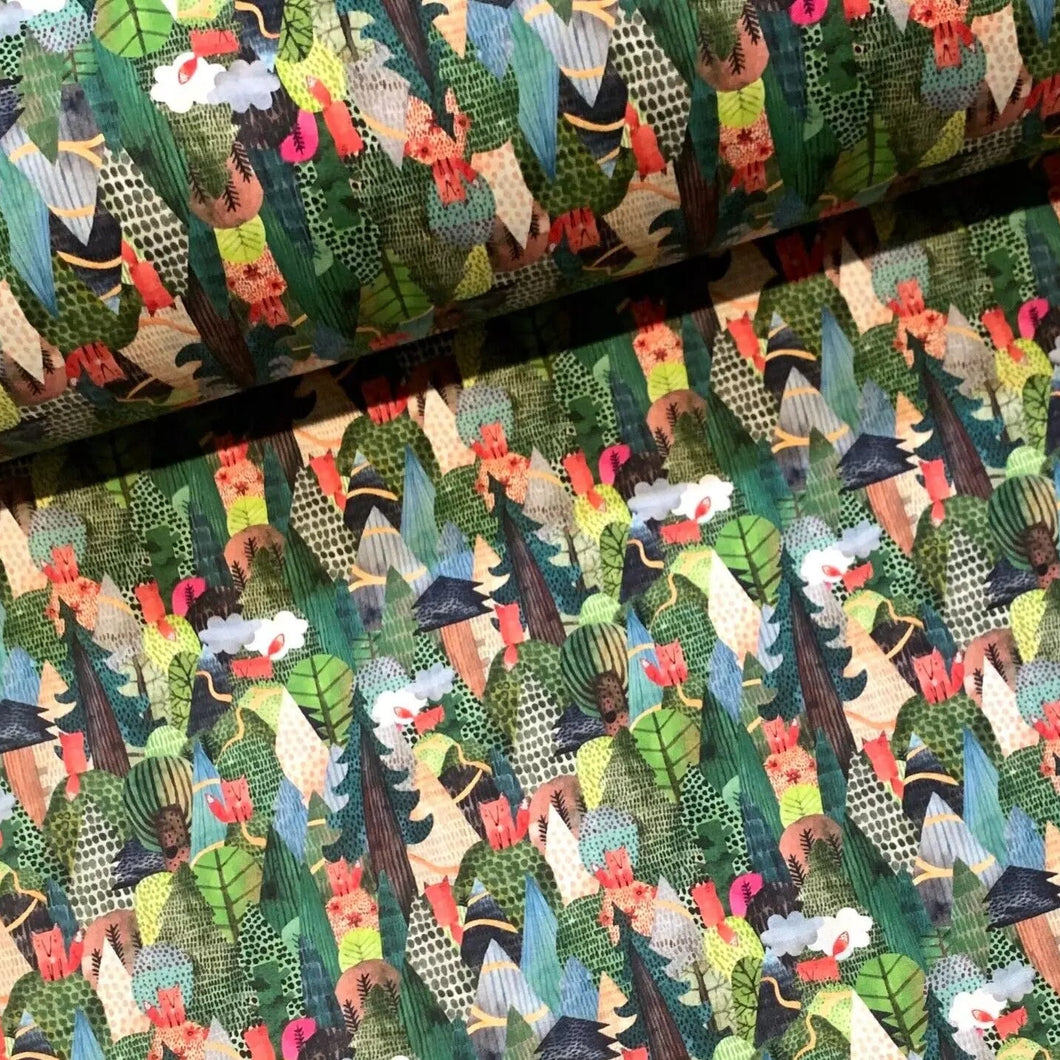 Baumwollstoff I Stoff Meterware Patchwork Fuchs Wald Berge Tiere Blumen Grün