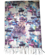 Lade das Bild in den Galerie-Viewer, XXL Langer Schal Cashmere-Feeling Ölmalerei Häuser Haus Kunst Kuschelig Warm Neu
